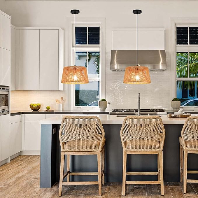 Rattan Pendant Light,boho hanging light Fixture Kitchen Island,Handwoven wicker Flush Mount ceiling light fixtures,Coastal Natural rattan chandelier for dining room Bedroom Living Room Hallway