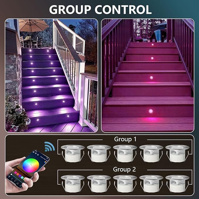 LED Deck Lights Kit,12pcs Φ1.78 Dimmable WiFi-Control Low Voltage Recessed RGB LED Landscape Step Light Waterproof Outdoor Yard Garden Patio Deck Railings Lighting,Fit for Alexa,Google Home