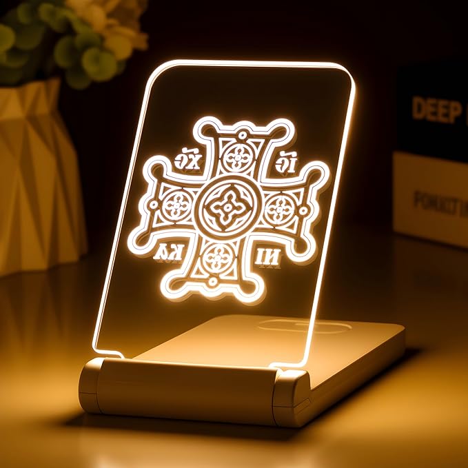 lacte & melle Orthodox Cross Night Light Christian Gifts - Byzantine Greek Icon LED Lamp, Dimmable Foldable Religious Decor with Timer, Catholic Christmas Easter Baptism Gift for Men Women