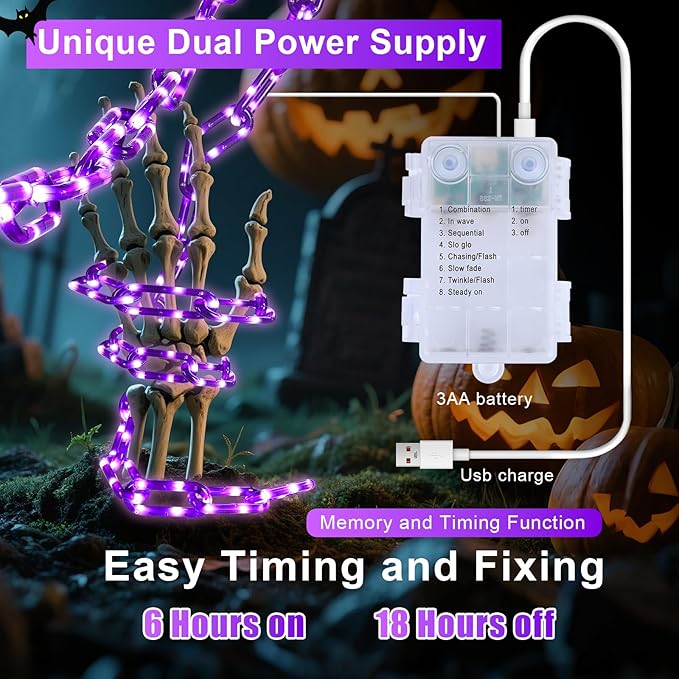 YOUNGAR Halloween Chain String Lights,13.7ft 175LED Battery/USB Operated Plastic Chain Light,Timer Memory with 8 Modes for Haunted House Indoor or Porch, Window, Party Outdoor Decorations (Purple)