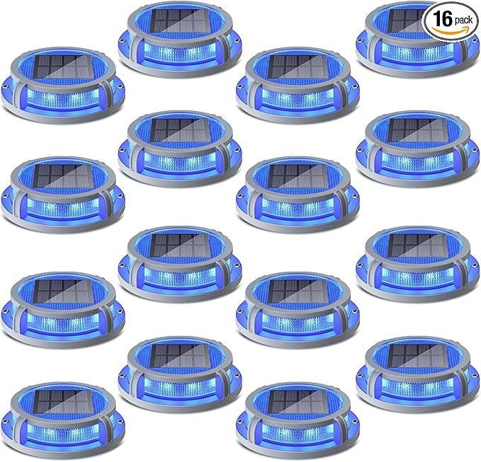 SIEDiNLAR Solar Deck Lights Outdoor 2 Modes 16 LEDs Dock Light Driveway Markers Solar Powered Waterproof for Ground Pathway Step Walkway Stair Garden Yard Road 16 Pack (Blue/Red)