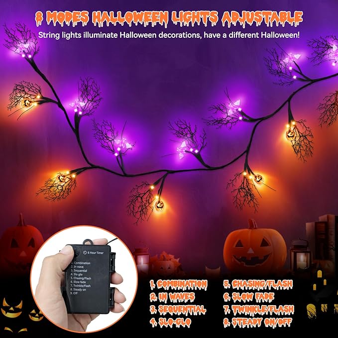 6 FT 54 LED Halloween Lights, 8 Modes & Timer Battery Operated Halloween Pumpkins Bats Lights with Willow Vine Twig Garland, 3D Waterproof Decorations Lights for Indoor Wall Party Fireplace Mantle