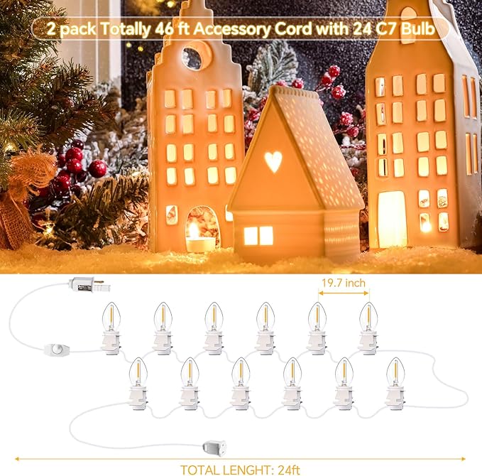 Leelosp 2 Pack Christmas Village Light Cords with 24 C7 LED Bulbs and Outlet, Each 16.4 ft Blow Mold Light Cords for Christmas Village Accessories Holiday Tree Decor and Craft Projects