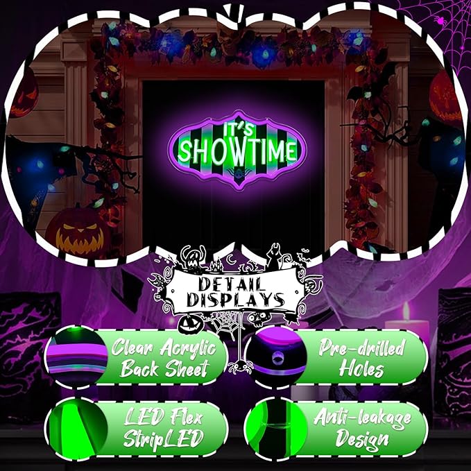 Ajoyferris It's Showtime Neon Sign Dimmable Neon Halloween Sign Showtime Led Sign Horror Movie Neon Lights Striped Gothic Light Up Sign for Halloween Party Decor