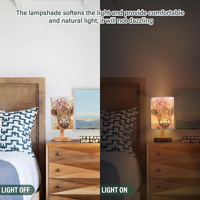 Bedside Table Lamp Cute Highland Cow Flowers Nightstand Lamp with Wood Desk Lamps for Bedroom Living Room Nursery Office Home Decor