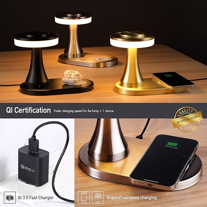 O’Bright - Portable LED Table Lamp with Wireless Charging Pad, Dimmable and Rechargeable Night Lamp, Ambient Light for Patio/Restaurant/Nursery, Bedside Nightstand Lamp, Brushed Nickel