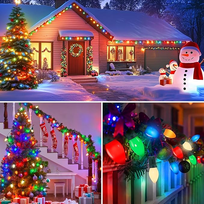 50FT C7 LED Multicolor Christmas Lights, Outdoor String Lights with 55 Multicolor LED Ceramic Bulbs(5 spare), Vintage Christmas Lights for Indoor Outdoor Xmas Tree Home Party Decorations, Green Wire