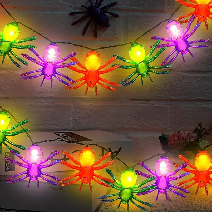 Halloween Spider String Lights Outdoor, 8.5FT Hanging Halloween String Lights with 10 LED Multicolor Spider Lights UL Listed for Outdoor Party Stair Bar House Garden Yard Decorations- Black Wire