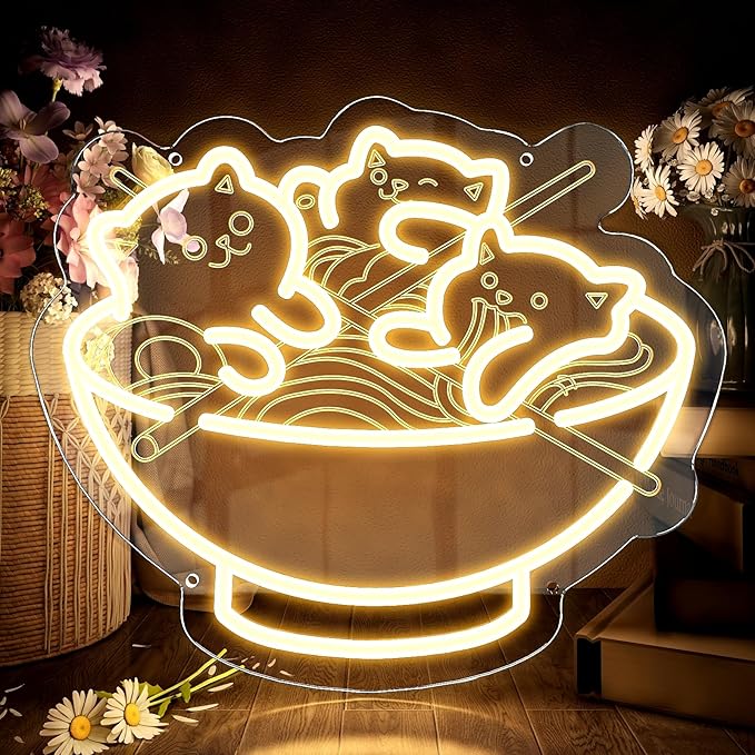 Ramen Cat Neon Sign, Warm White Cat Noodles Led Sign for Baby Girls Room, Dimmable Noodle Cat Light Up Neon Signs for Wall Decor Resturant Home Bar Kitchen Dinning Bedroom Art Decor Christmas Gifts