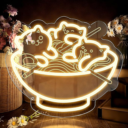 Ramen Cat Neon Sign, Warm White Cat Noodles Led Sign for Baby Girls Room, Dimmable Noodle Cat Light Up Neon Signs for Wall Decor Resturant Home Bar Kitchen Dinning Bedroom Art Decor Christmas Gifts