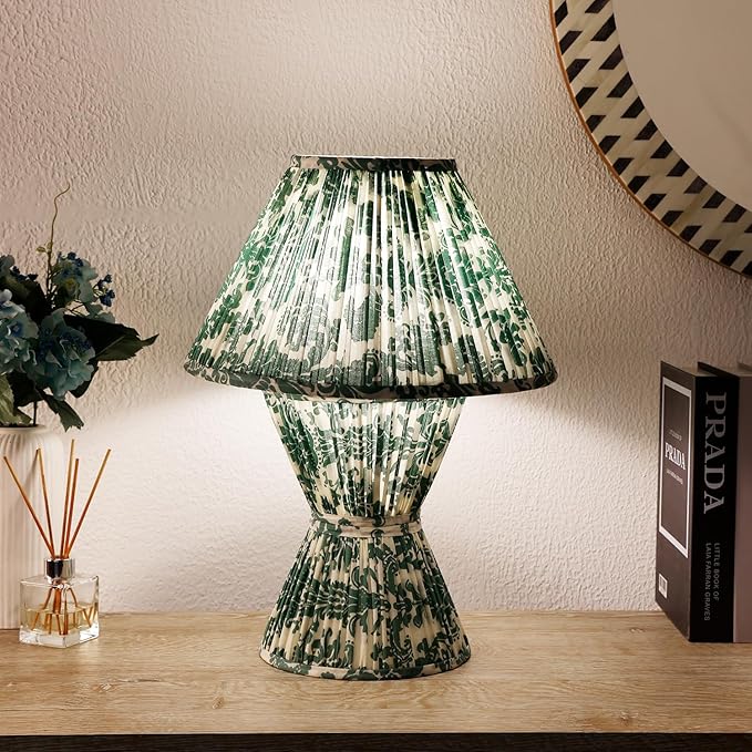 Handicrafts Home Handcrafted Cotton Fabric Table Lamp, 13x19” Modern Farmhouse Accent Table Lamp, Decorative Dome Bedside Nightstand Lamp for Bedroom Living Room, Small Sculptural Desk Light, Verde