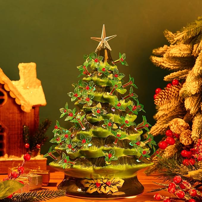 125 Piece Ceramic Christmas Tree Replacement Lights - Red Holly Bulbs & Star Toppers - Medium Size - Green & Red - Christmas & Occasion Decorations