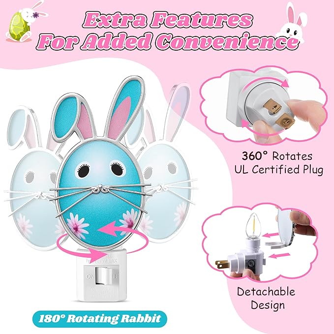 Easter Egg Night Light with Egg Design, Plug in Wall Light with Rotating Plug, Resin Easter Decoration for Bedroom, Bathroom, Hallway, Living Room, Includes C7 LED Bulb