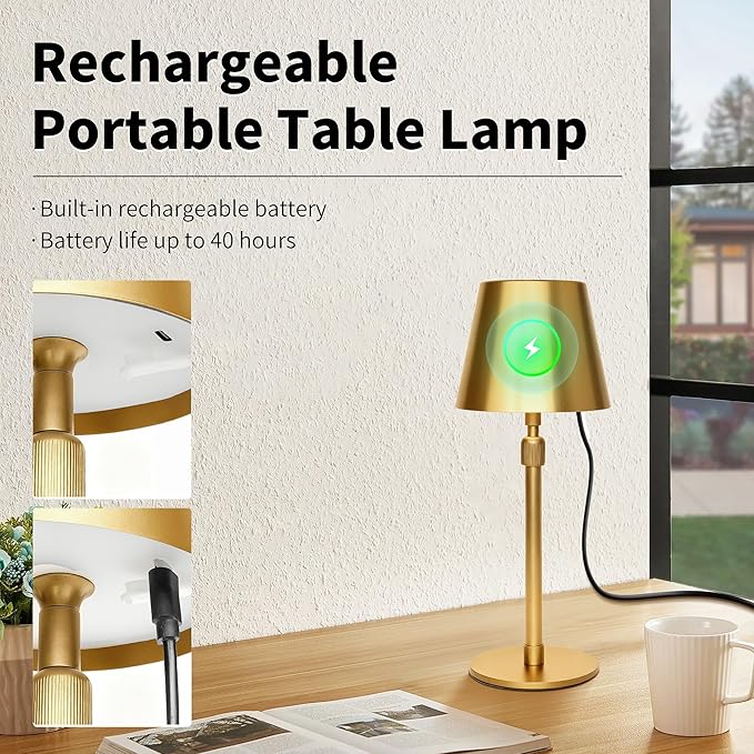 Mr.White Outdoor Waterproof Rechargeable Cordless Table Lamp with Telescopic Pole & Wicker Shade, 5200mAh Battery Operated Table Light with Touch Control, for Patio Restaurant Kitchen (Gold)