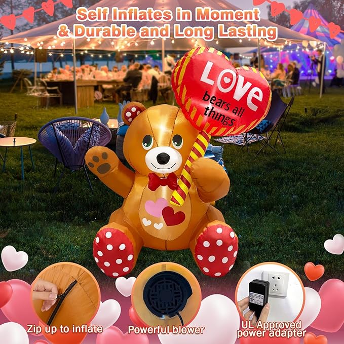 Valentines Day Inflatables Outdoor Decorations Love Blow Up Yard Décor Sweet Romantic Cute LED Lights for Indoor Outside Wedding Holiday Party Garden Lawn (Bear)