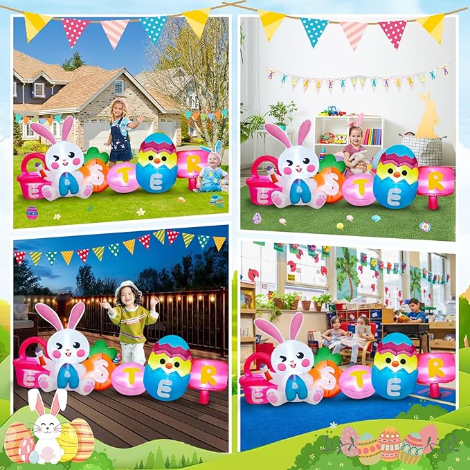MICOCAH 8 FT Long Easter Inflatables Outdoor Decorations, Inflatable Painting Bunny with Colorful Eggs/Chick/Carrot Build-in LEDs Lights Blow Up Yard Decoration for Decor Holiday Party Lawn, Garden
