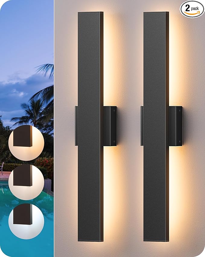 EDISHINE 23.6" Modern Outdoor Wall Lights, 3CCT & 10%-100% Dimmable, IP65 Waterproof, LED Exterior Lighting Fixtures, Linear Outdoor Wall Sconce for Porch, Patio, 2 Pack, Black