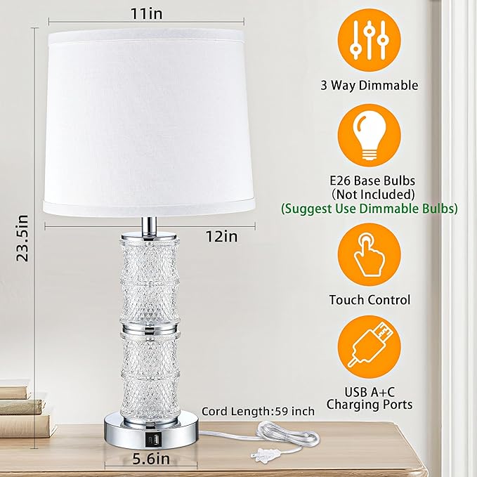 GRUENLICH Crystal Table Lamp Set of 2, 3-Way Dimmable Nightstand Lamp with Touch Control, USB C+A Charging Ports for Living Room Bedroom End Tables Office and Entryway （Silver）