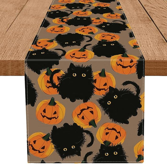 Halloween Table Runner Black Cat Pumpkins Seasonal Kitchen Dining Table Home Outdoor Party Decorations 13x72 Inch