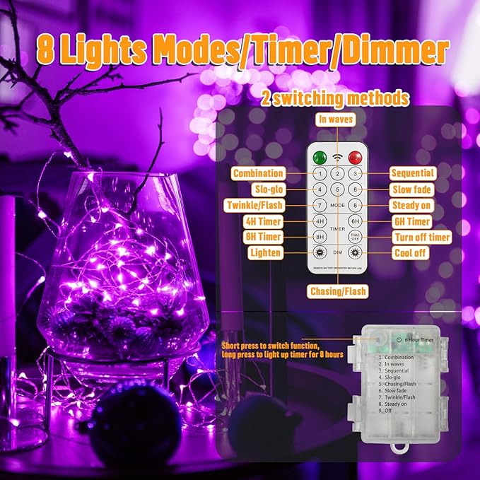 LAMPHOME Purple Fairy Lights, 100 LED 33ft Battery Operated Halloween Lights with Remote, 8 Modes Twinkle String Light for Halloween Thangksgiving Fall Tree Indoor Outdoor Decoration
