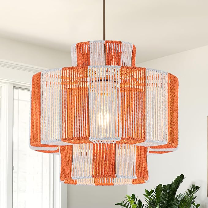 Rattan Pendant Light Fixture,Boho Light Chandelier for Dinning Room,13.3'‘ Woven Hanging Light Boho Pendant Lights 3-Tier Basket Light for Kitchen Island Hallway Nursery Bedroom