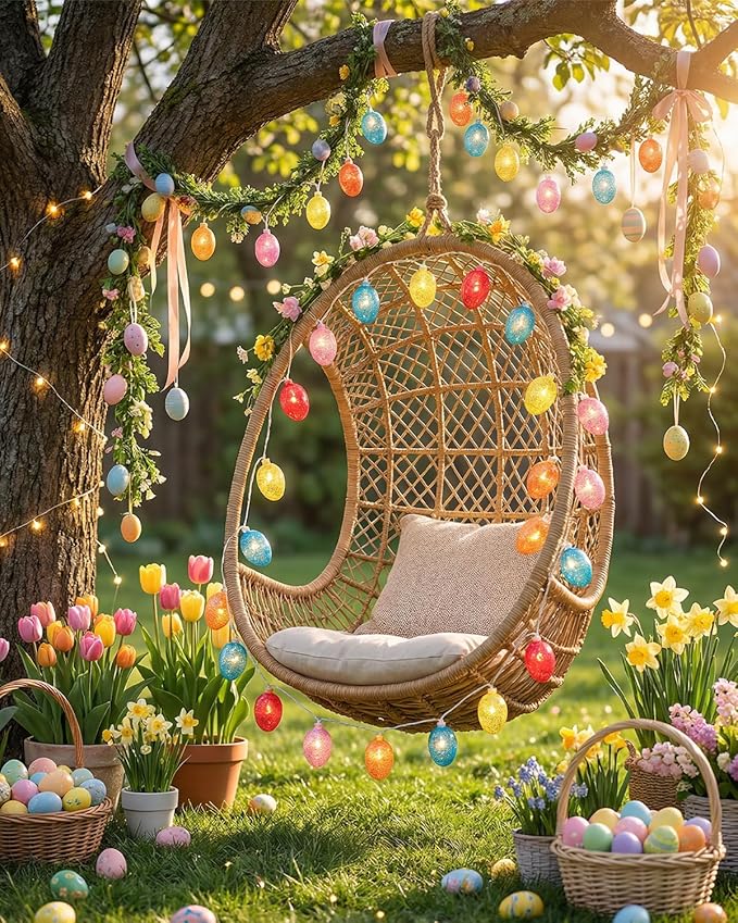 SUNSGNE Easter Egg String Lights, 8.5ft Easter Decorative Lights with 10 Clear Colorful Egg Bulbs for Outdoor Bedroom Party Holiday Home Tree Decoration