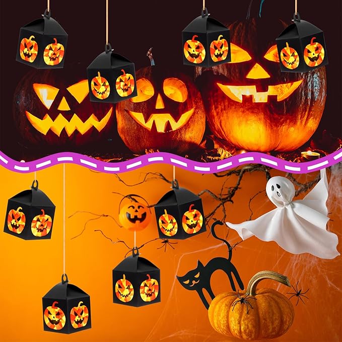 12 Sets Halloween Jack-O-Lantern Crafts with LED Candlelight Jack-o-Lantern Tissue Paper Crafts Kits DIY Pumpkin Suncatchers Lanterns Kits Hanging Spooky Supplies for Halloween Party Decors