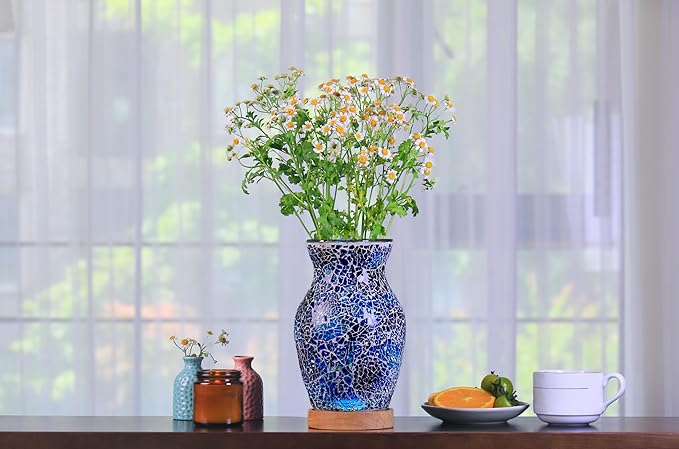 8-Inch Handcrafted Mosaic Cracked-Ice Vase Bedside Lamp with USB-Powered LED Wooden Base,Single-Switch Auto-Cycle RGB Mood Light,Ocean Blue Vase USB Night Light for Party,Camping Decor