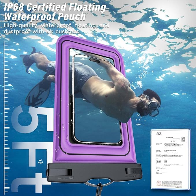 Waterproof Phone Pouch - 2 Pack IP68 Floating Waterproof Phone Case, Dry Bag Beach Cruise Essentials 2025 with Adjustable Lanyard for iPhone 16 Pro Max / 15 Pro/Galaxy S24 S23 (Blue & Purple)