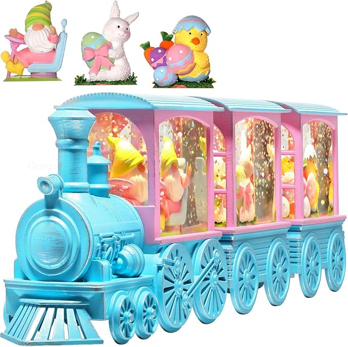 Easter Snow Globe Lighted Bunny Snow Globes with 6H Timer and Manual Glitter, Light Up Easter Decorations for Home Indoor Bunny Decor Gift with Train Gnome Chicken Eggs, Battery Operated