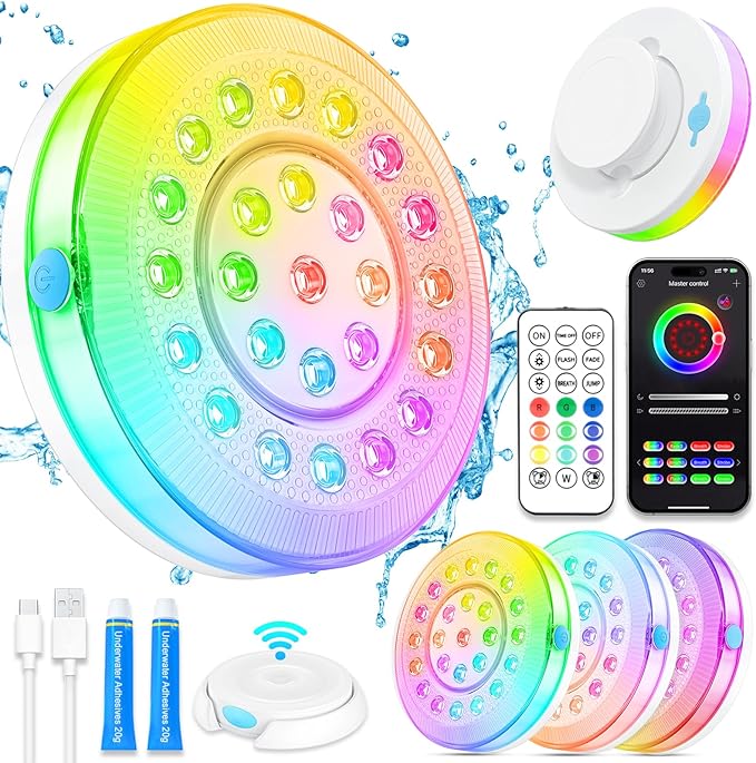Pool Lights for Above/In Ground Pools,Portable Smart Magnetic Underwater IP68 Waterproof LED Light Rechargeable with BT APP Control Color Changing Sound/Music Sync Vinyl Pools Accessories Party Decor
