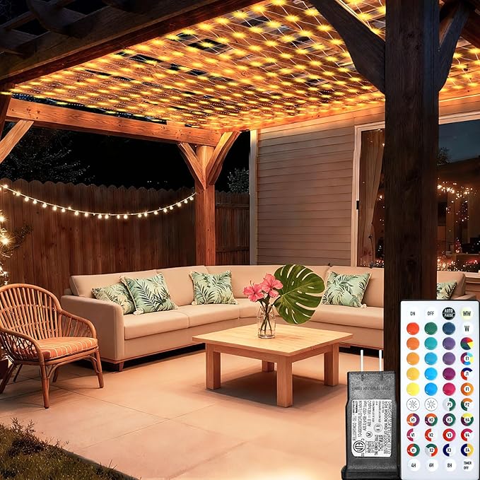 Lovelite 8ft x 8ft Net Lights Outdoor, 196LED 35 Colors Changing Gazebo Lights Clear Wire, Connectable Fairy Mesh Lights Waterproof for Patio Pergolas Backyard Bush Christmas Holiday Wedding Party