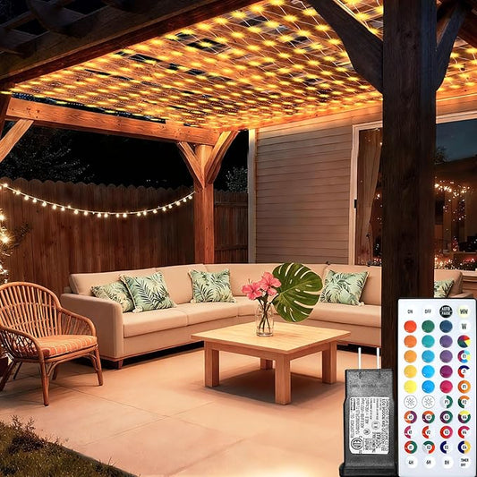 Lovelite 8ft x 8ft Net Lights Outdoor, 196LED 35 Colors Changing Gazebo Lights Clear Wire, Connectable Fairy Mesh Lights Waterproof for Patio Pergolas Backyard Bush Christmas Holiday Wedding Party