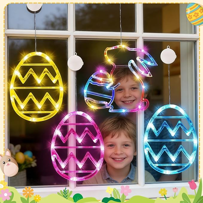 3 Pack Easter Lights for Window,Easter Window Hanging Lights Decorations LED Egg Shaped Battery Operated with Suction Cup for Home Bedroom Decor