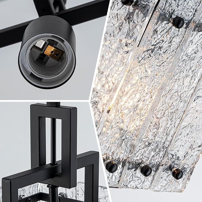 Pendant Lights Kitchen Island,Black Pendant Light Fixtures with Water Ripple Glass, Modern Pendant Lighting for Dining Room