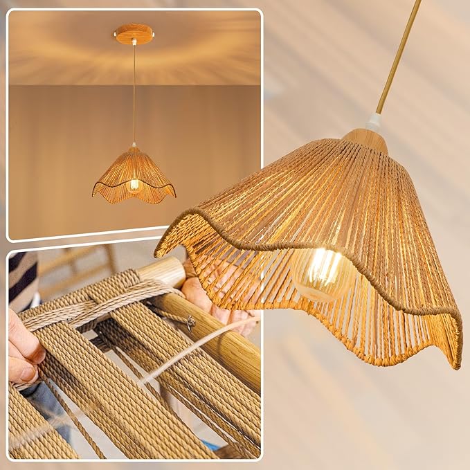 12.4" Wave Rattan Chandelier Pendant Lights Kitchen Island,Farmhouse Boho Chandeliers Adjustable Height Hanging lamp for Dining Room,Kitchen Ceiling Light Fixtures Hand Woven Wicker Lampshade