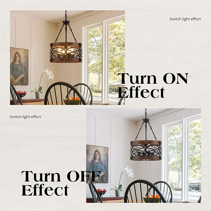 4-Light Farmhouse Drum Wood Pendant Light 13.8'' Vintage Rustic Brown Oak Wood Chandeliers,Retro Industrial Hanging Light Fixtures for Dining Room Entryway, Bedroom