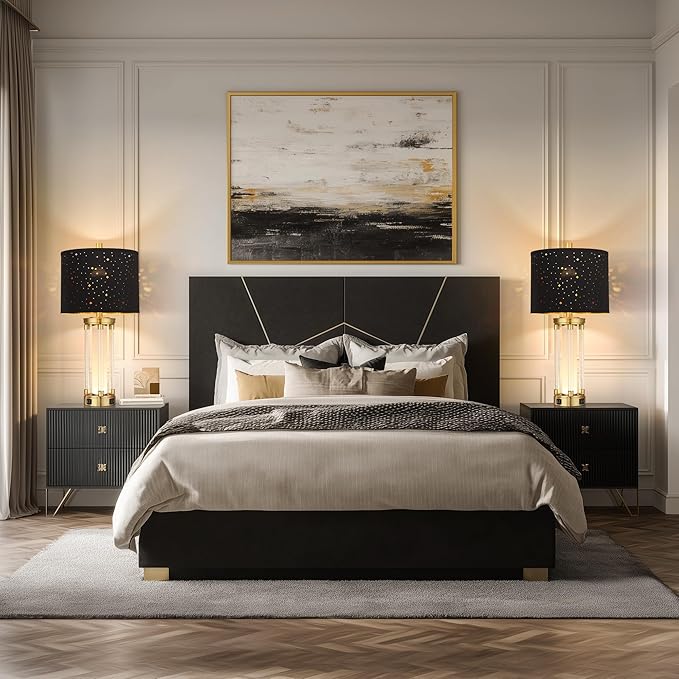 QiMH Gold Table Lamps Set of 2 with USB A+C Ports, Morden Bedside Lamps with Night Light, Unique Star Hallow Black Shade Lamp for Night Stands, Lamps for Bedroom, Office and End Tables(Bulb Included)