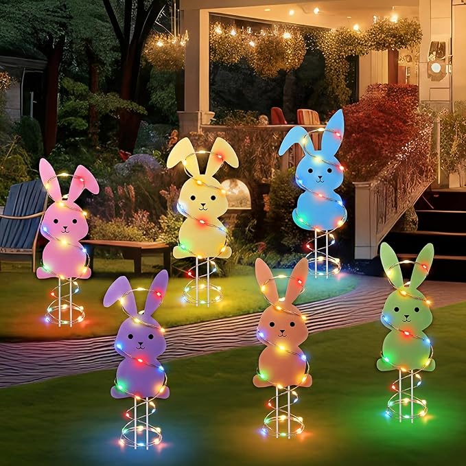 Novabright 6 Pcs Easter Bunny Yard Signs Colorful with Stakes, Outdoor Garden Bunny Lawn Signs with 39ft LED Lights Rabbit Happy Easter Decorations for Home Spring Props Party Supply