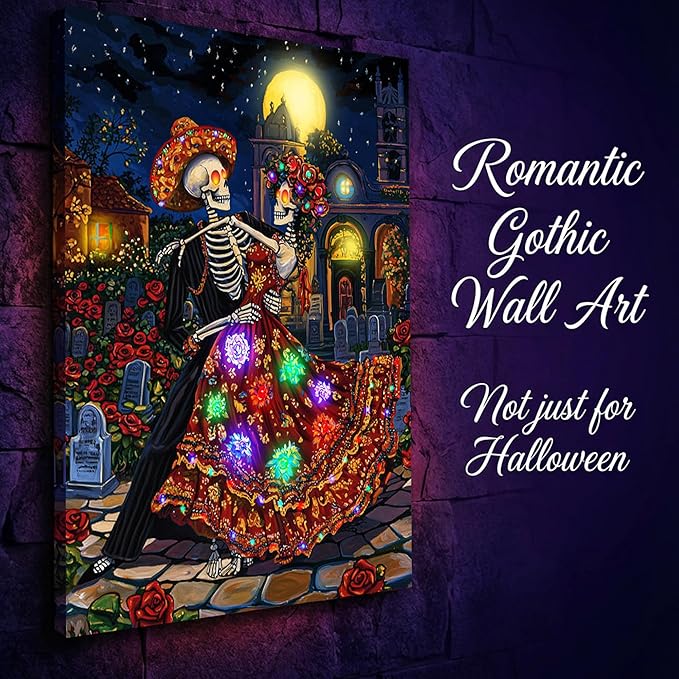 Artiluxy Ghost Bride Skeleton Couple Dance LED Wall Art - 16x20 Inch Day of the Dead Decor with RGB Color Changing Lights & Auto Timer, Vertical Hanging Gifts for Halloween