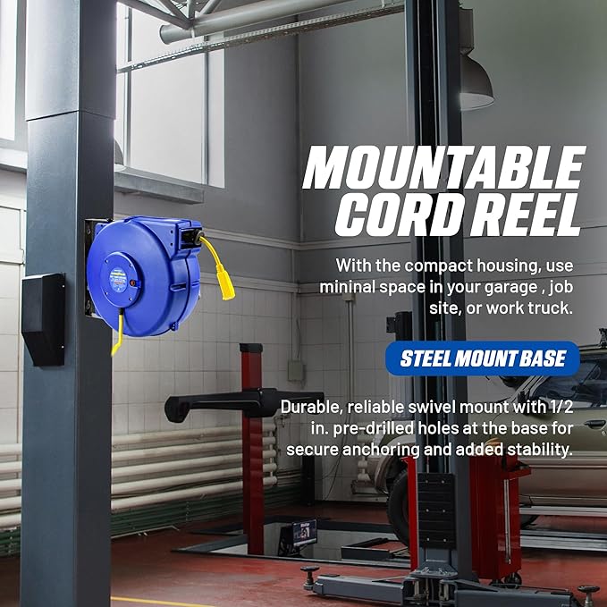 Goodyear Retractable Extension Cord Reel – Heavy-Duty Commercial Cable with Triple Tap Connector, Auto-Rewind & Wall/Ceiling Mountable (Enclosed, 12AWG x 65 ft)