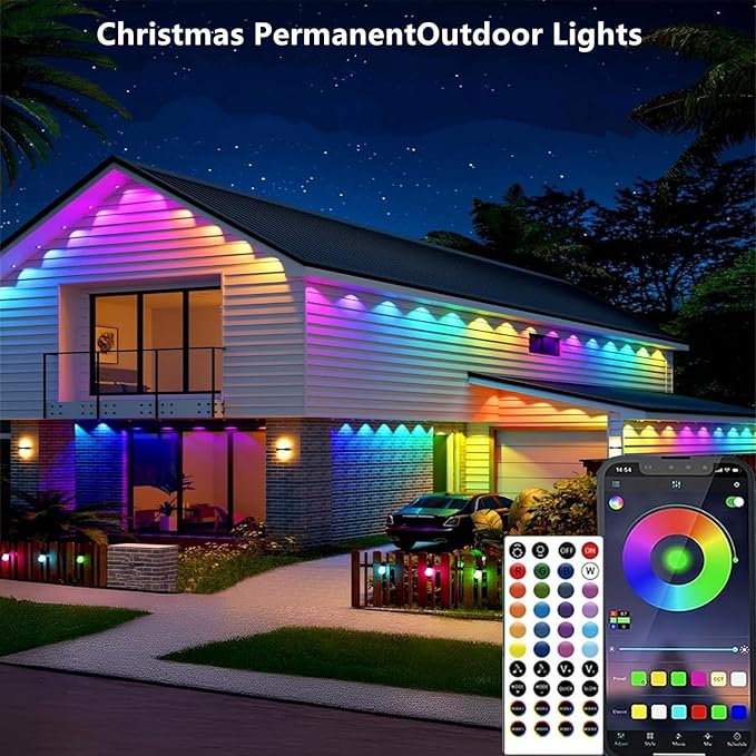 Permanent Outdoor Lights,300ft RGB + IC Smart LED Eaves Lights with App & Remote Control, IP67 Waterproof,for Christmas and All Holiday Decor,Daily and Accent Lighting,House Roof and Garden Lighting