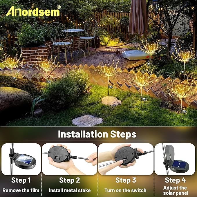 Anordsem Solar Garden Lights Outdoor: 4 Pack Bendable Copper Wire with 120 LED Firework Beads - Waterproof DIY Fairy Warm Decorating Yard Patio - Gardening Gifts for Parents Homeowner
