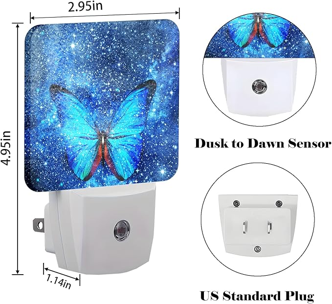 Stars Shining and Blue Butterflies Night Light,Plug-in Night Lights with Dusk-to-Dawn Sensor for Stairway,Hallway,Bedroom Sleep Friendly Ideal for Women/Girls/Boys Gift,0.5w