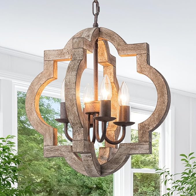 15.75" Oak Farmhouse Chandeliers for Dining Room Distressed Wood Pendant Light Fixture 4-Light Rustic Ceiling Hanging Light for Kitchen Island Bedroom Hallway Entryway Foyer E12*4