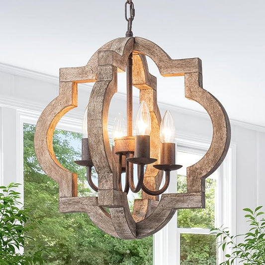 15.75" Oak Farmhouse Chandeliers for Dining Room Distressed Wood Pendant Light Fixture 4-Light Rustic Ceiling Hanging Light for Kitchen Island Bedroom Hallway Entryway Foyer E12*4