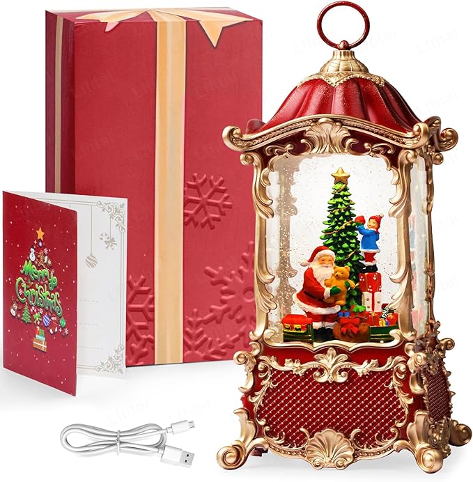 Christmas Snow Globes Santa Claus Snow Globe Lantern, Lighted Christmas Decorations Indoor for Home with Music Timer Glitter, Rotating Train Festival Gifts, USB & Battery Operated 12.5 inch