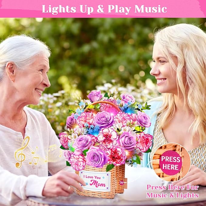 Mothers Day Card With Music & Lights, 3D Pop Up Mothers Day Gifts, Carnation & Rose, 10 Inch Life Sized Forever Flower Bouquet Birthday Card for Mom Wife Women Her