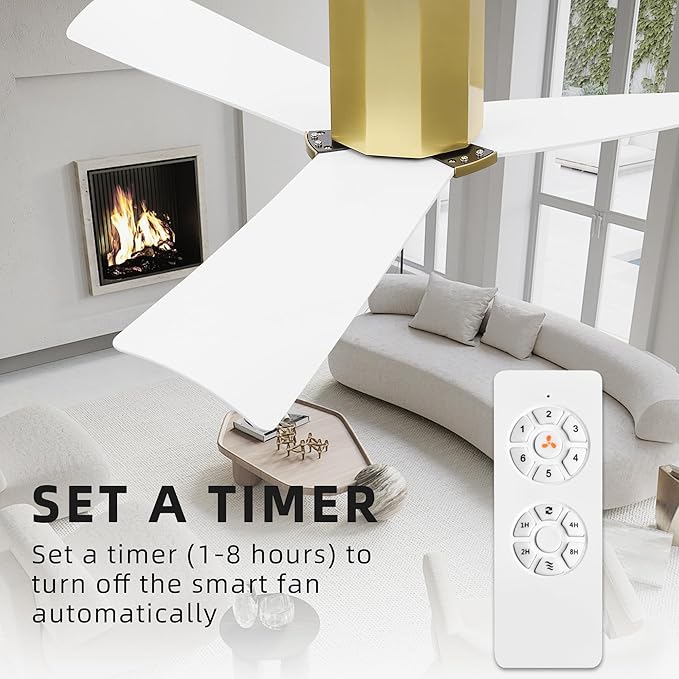 WINGBO 52" Ceiling Fan no Light - Brass and White DC Flush Mount Ceiling Fan, 3 ABS Plastic Curved Blades, 6 Speed Reversible DC Motor, Hugger Ceiling Fans No Light for Kitchen, Bedroom, Living Room