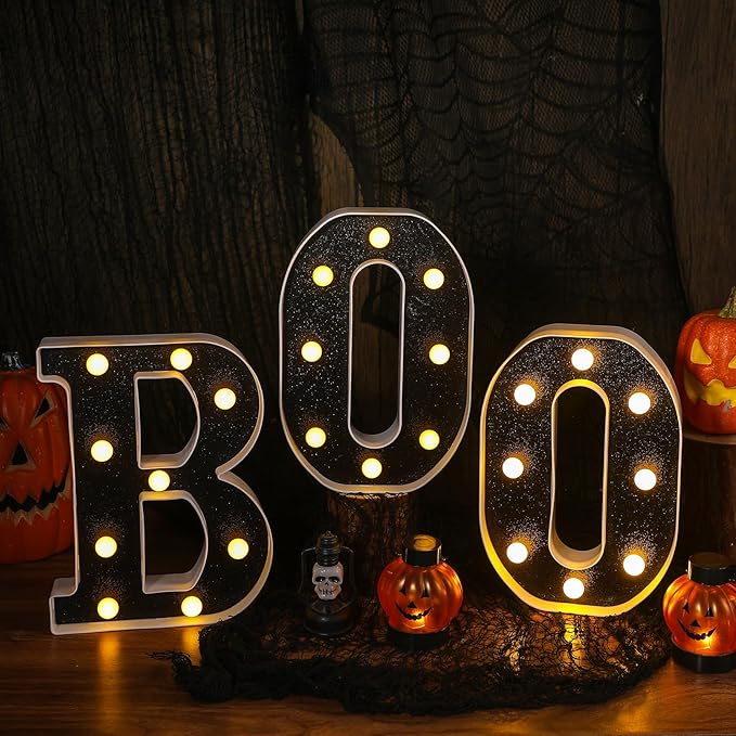 Baquler 3 Pcs Halloween Boo Decorations Light up Boo Sign Marquee LED Letters Lights Decor for Halloween Outdoor Home Room Kitchen Fireplace Tabletop Party Supplies (Black)
